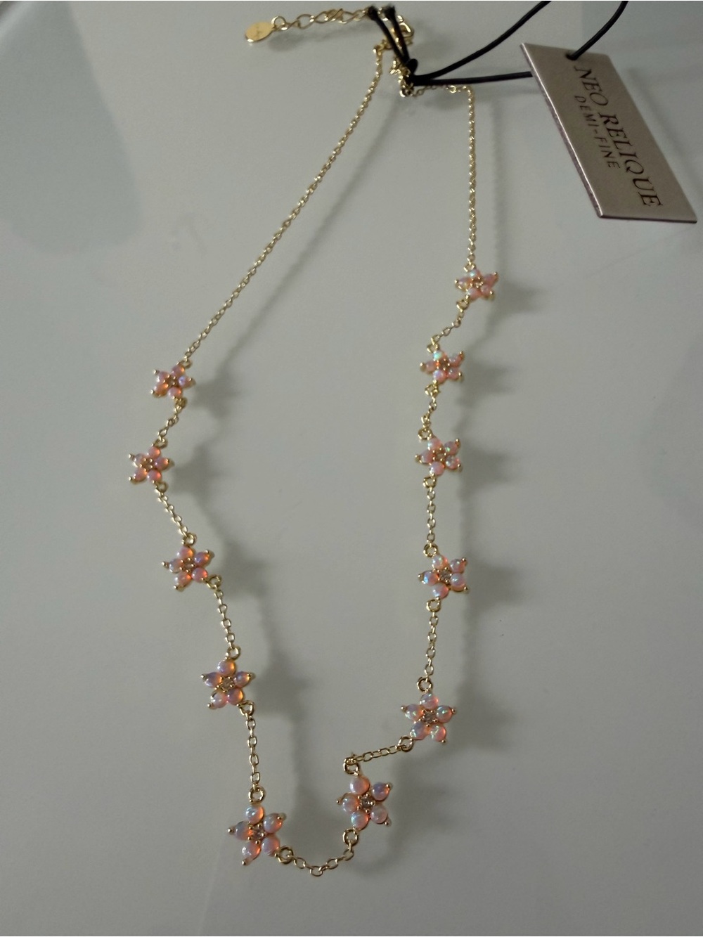 Gold chain Necklace with Pink Opal Flower Charms